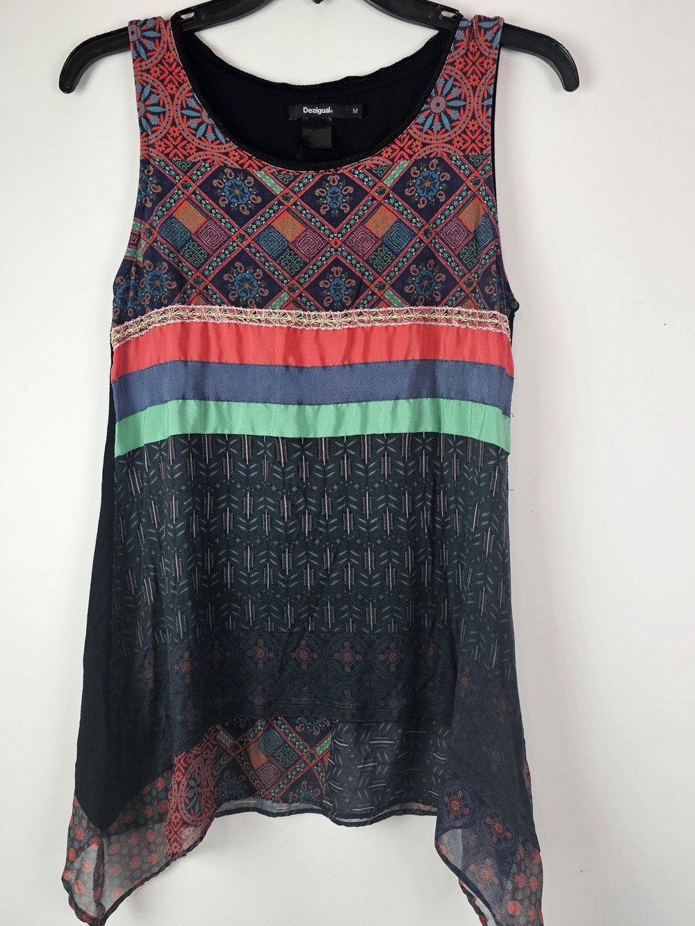 DESIGUAL Red Floral Patchwork Sleeveless Top High Low Mixed Media Spain Size M